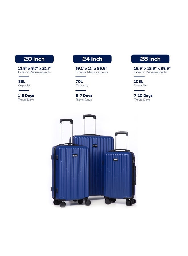 سبيس مجموعة حقائب سفر من 3 قطع، بجوانب صلبة وعجلات دوارة وخفيفة الوزن من مادة ABS، مناسبة للسفر، 28/24/2020 - أزرق داكن - Image 2